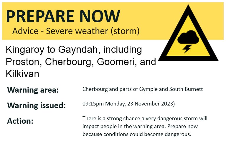 PREPARE NOW – Severe Storm Warning 9:15pm Monday 27 November 2023